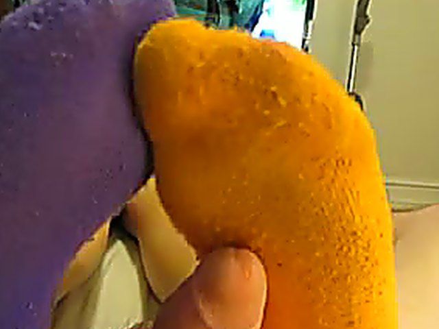 Girlfriend in color socks gives great footjob