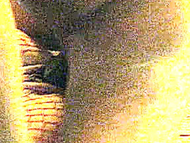 White woman in red fishnets rides big black pole