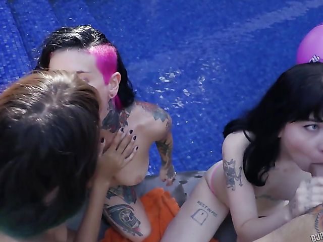 Three girls one guy goth foursome poolside