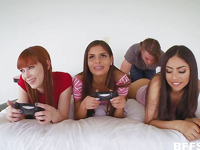 Three teen girls play PS and get fucked