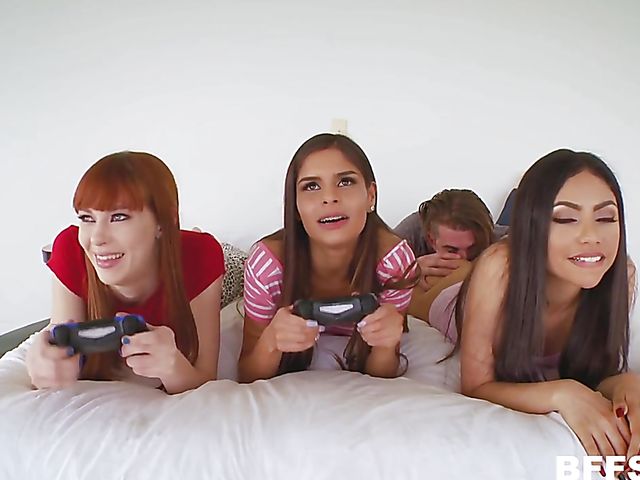 Three teen girls play PS and get fucked