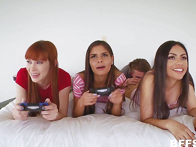 Three teen girls play PS and get fucked