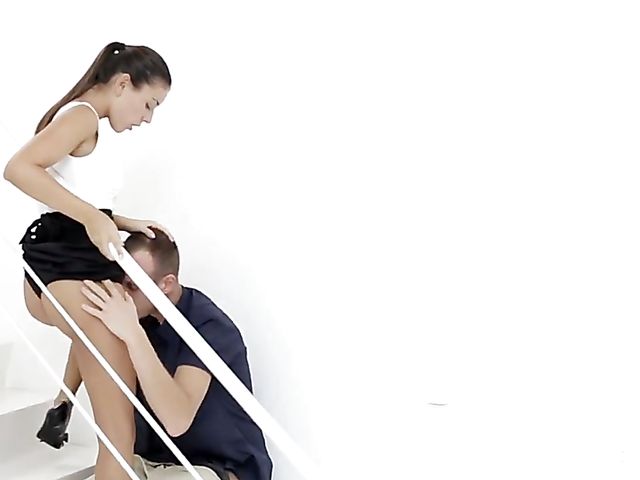 Small tits teen Iwia gets down on the stairs