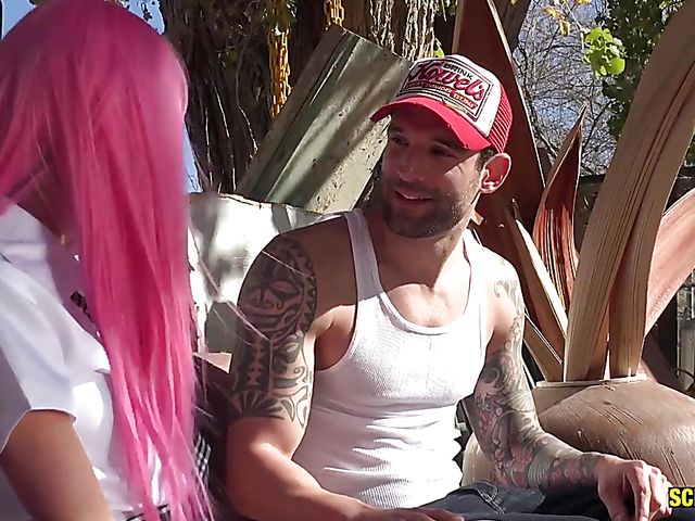 Pink haired asian schoolgirl Marica Hase gets nailed outdoors