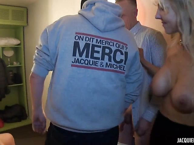 Chesty amateur MILF gets shared by fat guys