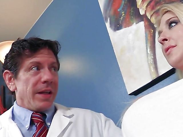 Leya Falcon shows her big fake boobs to Dr. Groper