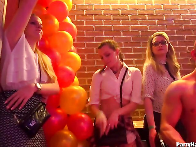 Male strippers play with dirty babes in the club