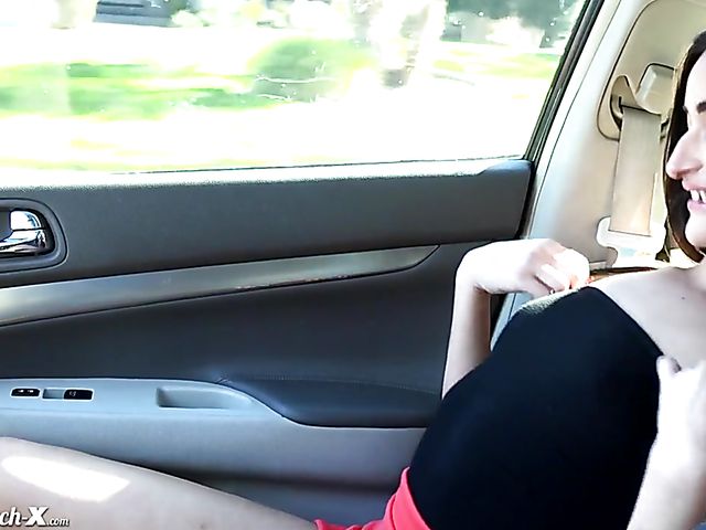 Brunette teen Emily Willis shows her shaved snatch in the car and gets fucked