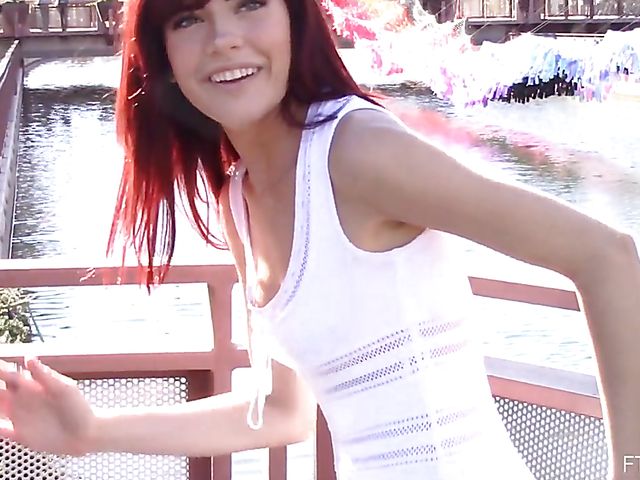 Petite redhead Sabina flashing panties in public