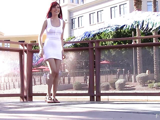 Petite redhead Sabina flashing panties in public