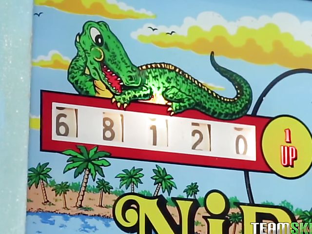 Teen redhead Scarlett Mae plays pinball and gets fucked