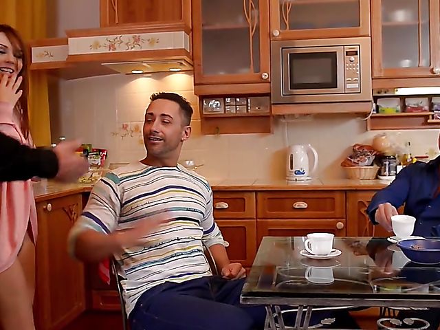 Double blowjob in the kitchen with Timea Bela