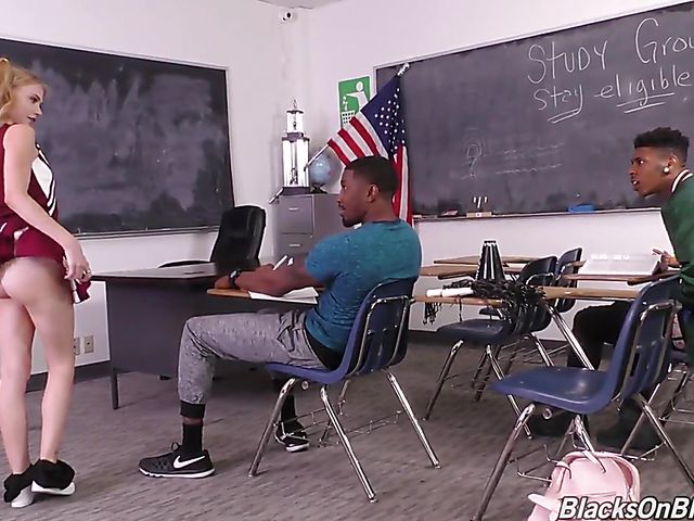 Interracial threesome at school with cheerleader Hannah Hays