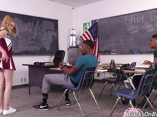 Interracial threesome at school with cheerleader Hannah Hays