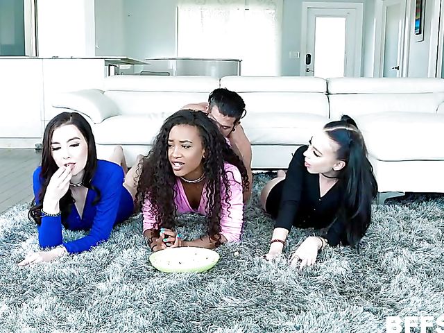 Ebony girl shares a white dick with her best friends