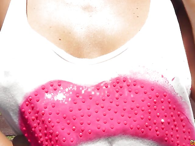 Carol Ferrer flashes her fake boobs in the street and gets nailed