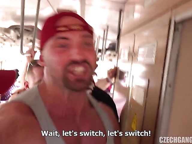 Czech gangbang on a train with football fans