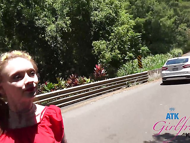 PInk pussy redhead Athena gets fingered in her car