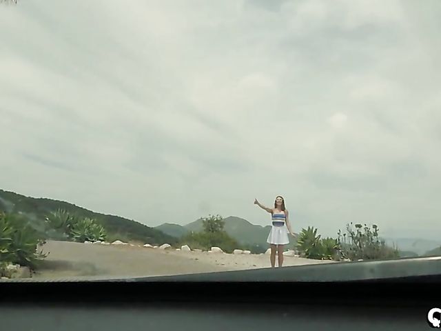 Teen hitchhiker with glasses Paige Owens gets creamed