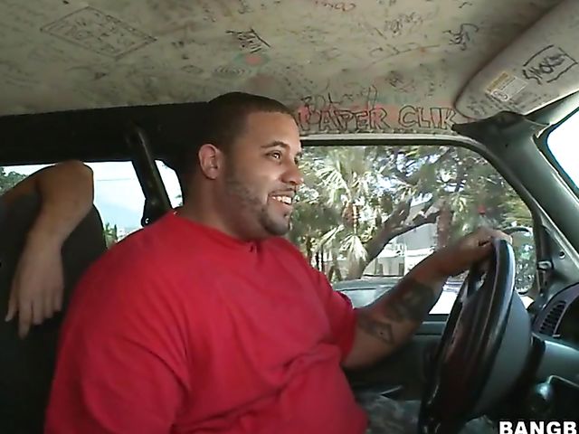 Fucking Kaylyn Ross' pierced shaved pussy in a van