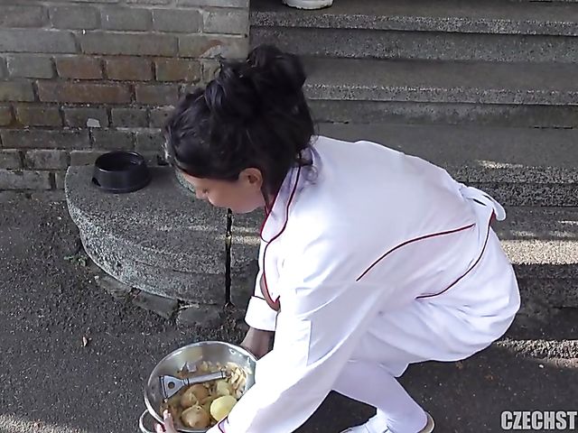 Busty Czech gets nailed in a restaurant kitchen