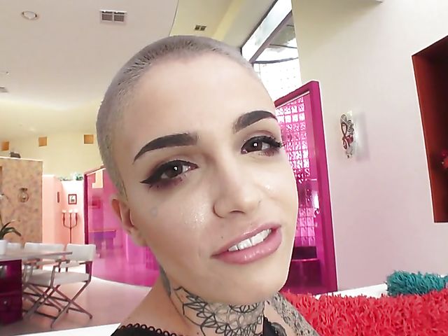 Shaved head girl Leigh Raven gagging and rimming