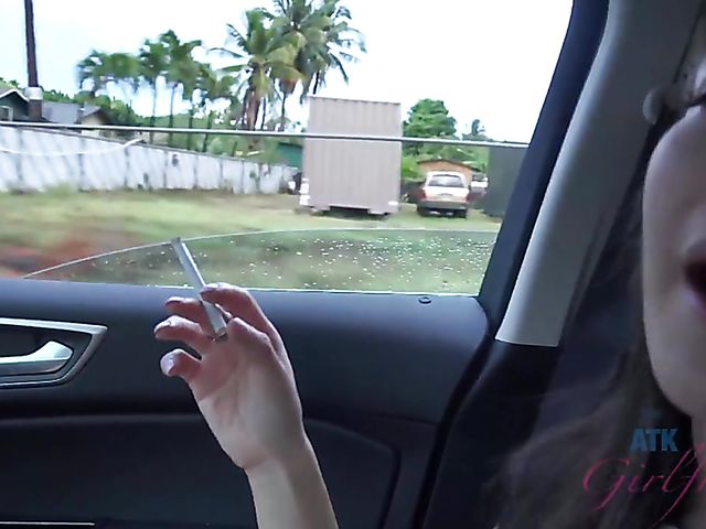 Naughty teen Emily Willis shows her coochie in the car