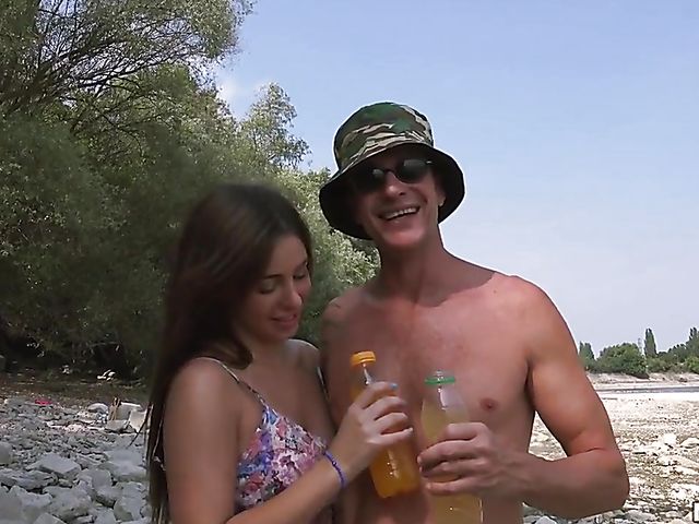 Outdoor group sex by the river with two cum loving cuties 