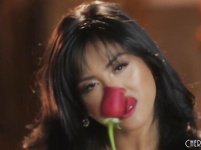 Gorgeous asian Ember Snow playing with herself in lingerie