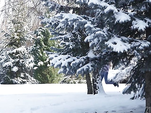 Winter anal sex with sensual brunette Lexi Layo