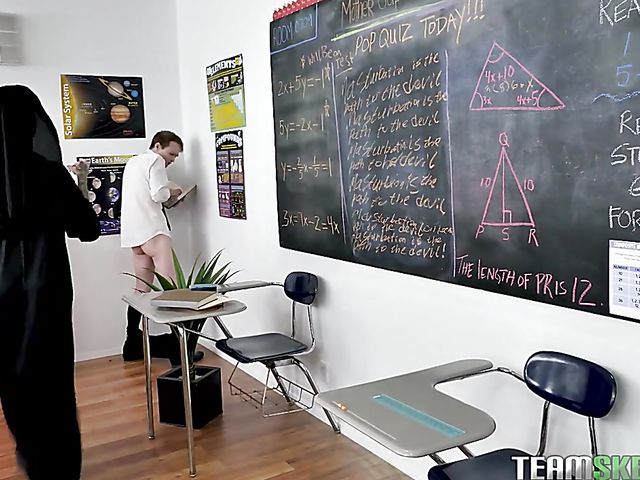 Squirt threesome at school with mean nun Lily Lane