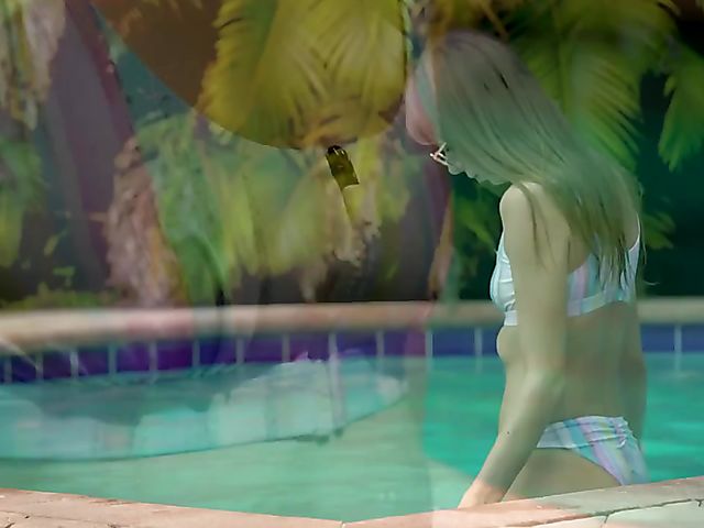 Small tits teen Alex Blake gets in the mood for sex by the pool