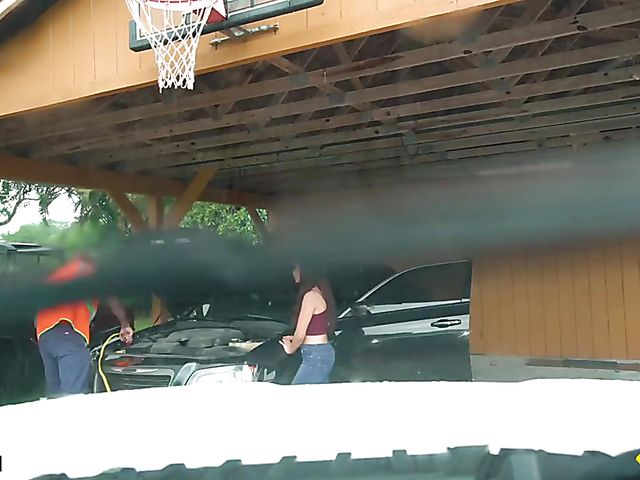 Latina big tits babe Gabriela Lopez has fun with a car mechanic