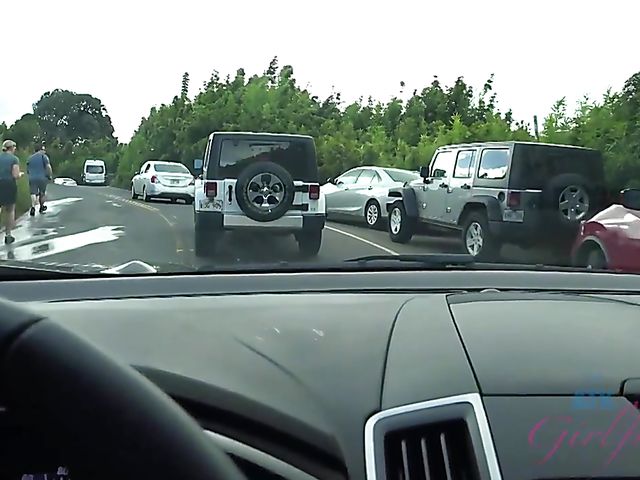 Naughty teen shows her twat in the car