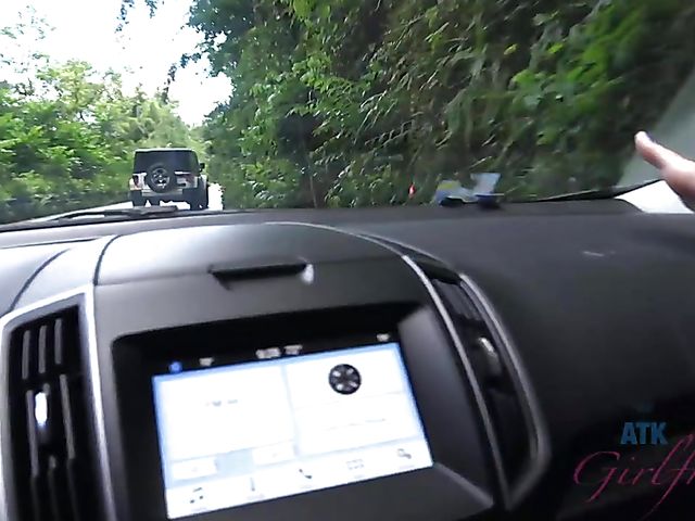 Naughty teen shows her twat in the car