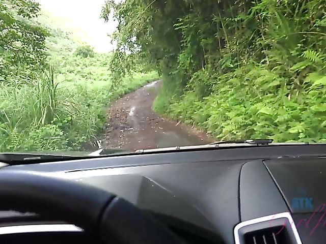 Naughty teen shows her twat in the car