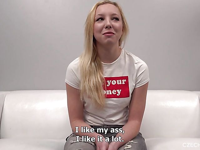 Czech small tits blonde Eva gets oiled up 