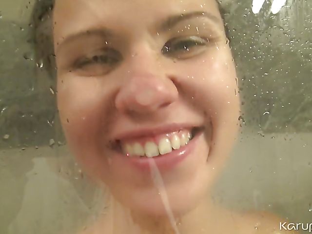 Shower solo with wet and nude Denise Gold