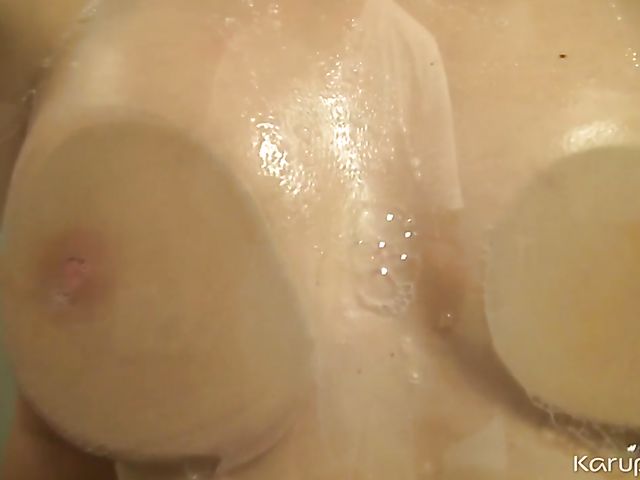 Shower solo with wet and nude Denise Gold