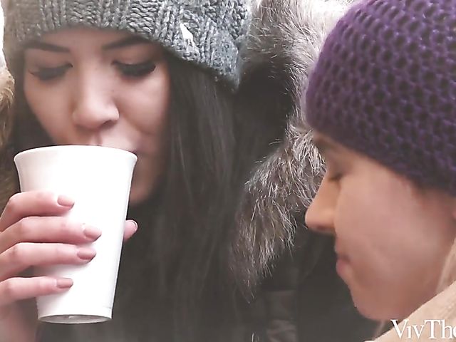 Sensual lesbians Karry Slot and Lady Dee make love in winter