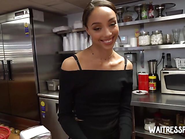 Beautiful ebony waitress Alexis Tae gets talked into sex