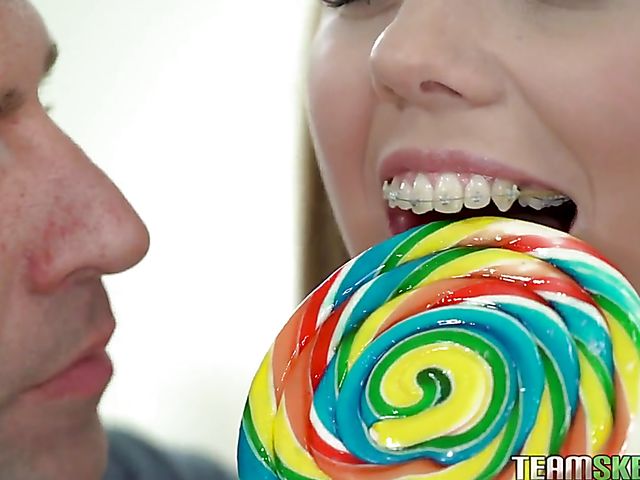 Skinny braces teen Poppy Pleasure riding some cock