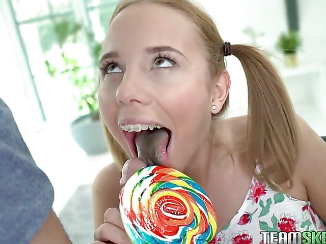 Skinny braces teen Poppy Pleasure riding some cock