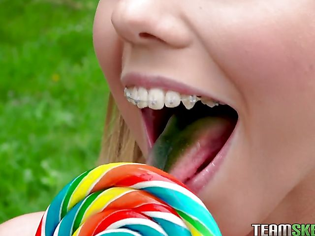 Skinny braces teen Poppy Pleasure riding some cock