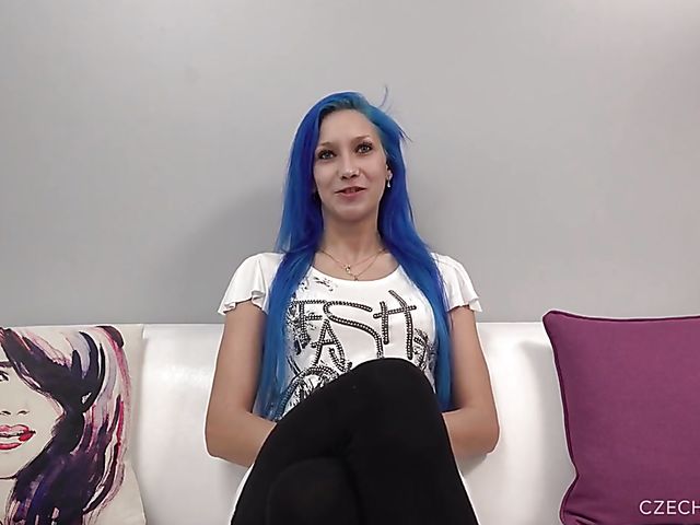 Outstanding porn casting with blue-haired Czech Petra 
