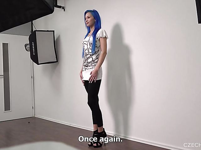 Outstanding porn casting with blue-haired Czech Petra 