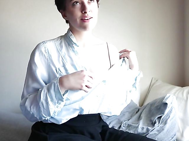 Short hair amateur with big titties gets naked and fingers her amazing pussy