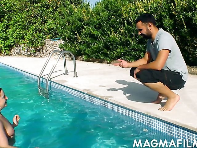 German outdoor fuck by the pool with a nude swimmer