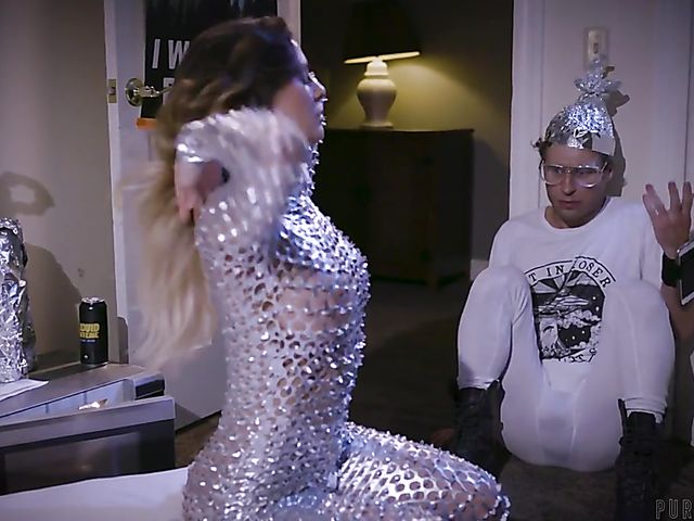 Big tittied MILF in silver Cherie DeVille pegging and fisting guy after getting her pussy boned