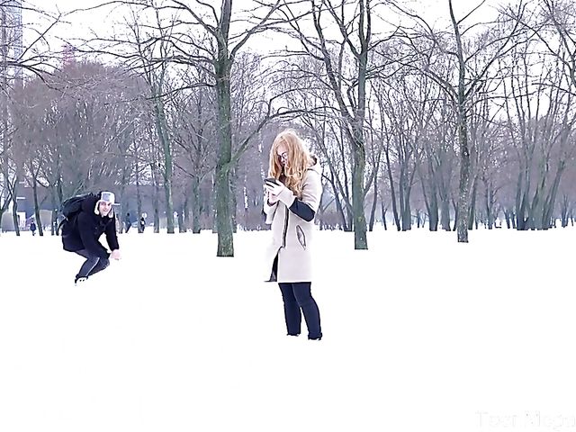 Pale russian teen Red Rock is horny in winter